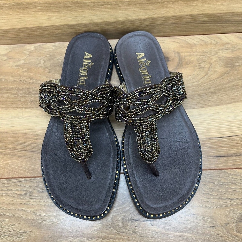Alegria Tangoh‎ Womens Sandals Size 8 EU 38 Bronze Studded Beaded  Flip Flops - Picture 4 of 10